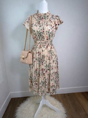 Current Air Los Angeles Floral Ruffle Neck Pleated Midi Dress – XS